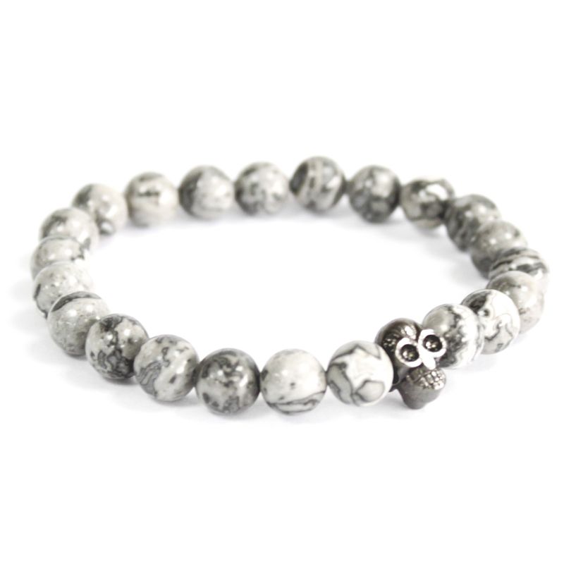 Bracelet Pierre Fine - Crâne Étain/ Agate Grise