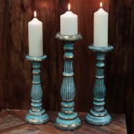 Bougeoir Bois Rétro Grand - Turquoise & Or