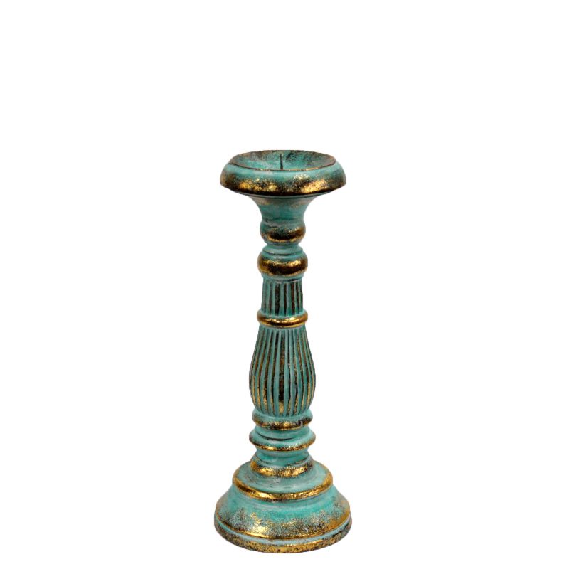 Bougeoir Bois Rétro Petit - Turquoise & Or