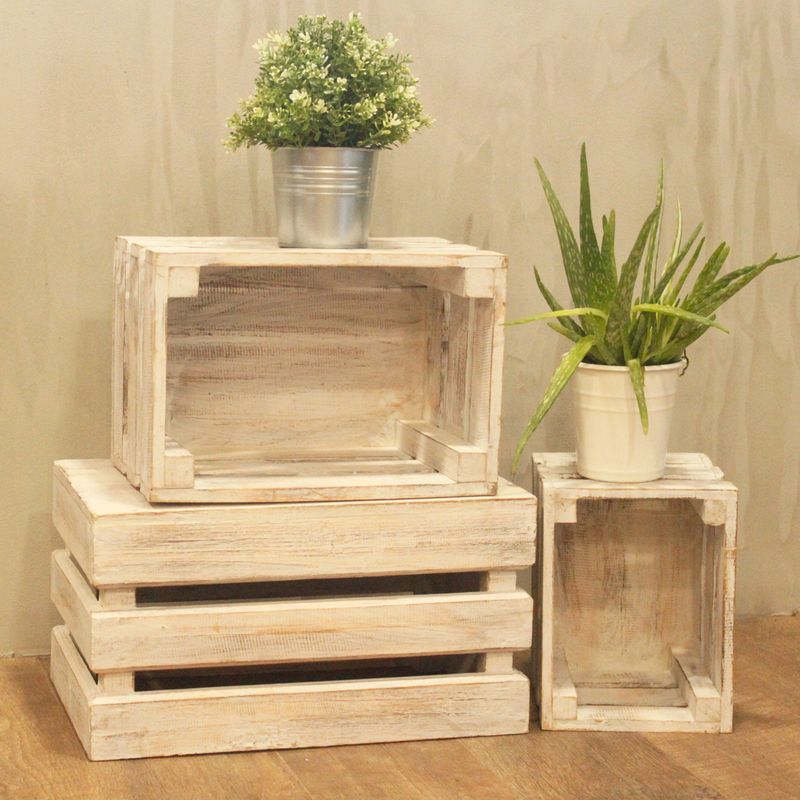 Lot de 3 Caisses en Bois - Blanchi