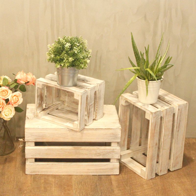 Lot de 3 Caisses en Bois - Blanchi