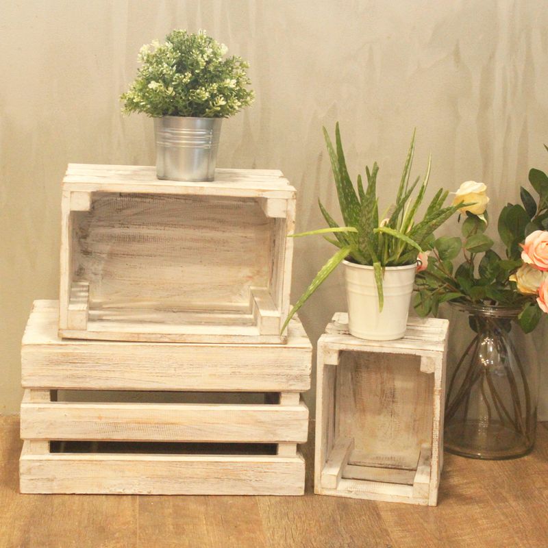 Lot de 3 Caisses en Bois - Blanchi