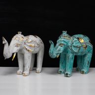 Éléphant en bois sculpté  - Turquoise / Or