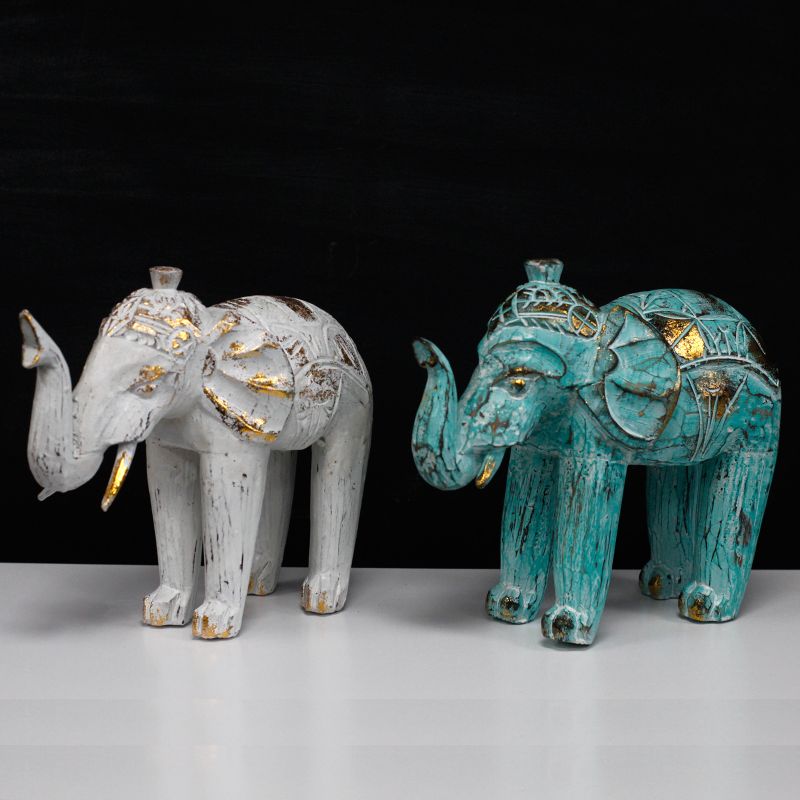 Éléphant en bois sculpté  - Turquoise / Or