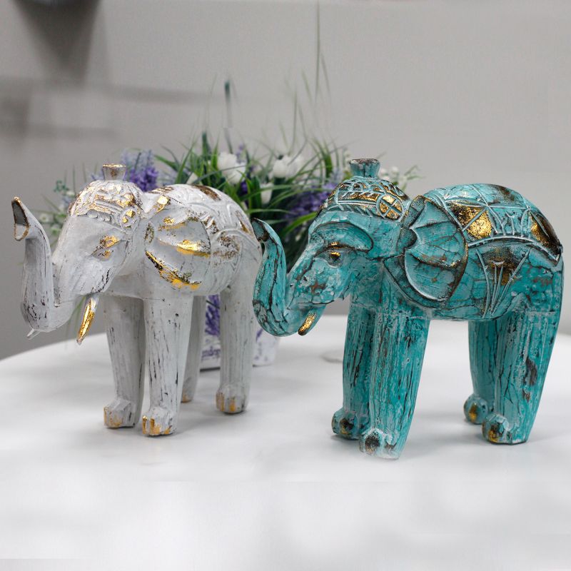 Éléphant en bois sculpté  - Turquoise / Or