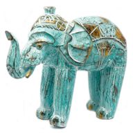 Éléphant en bois sculpté  - Turquoise / Or