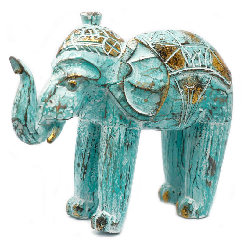 Éléphant en bois sculpté  - Turquoise / Or