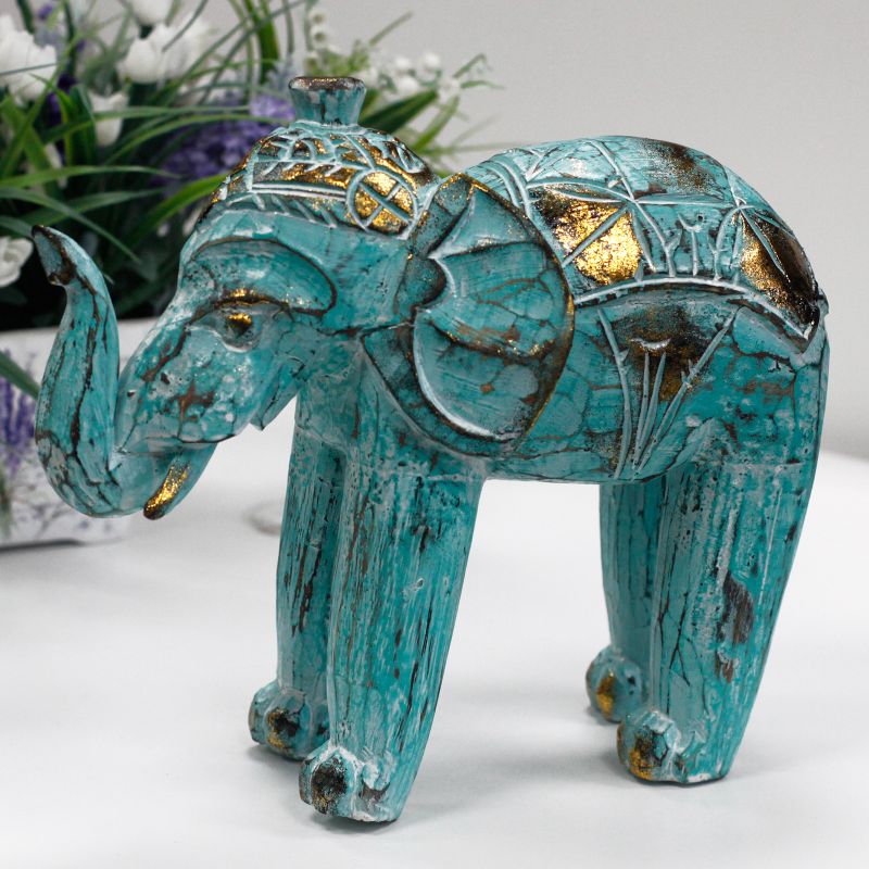Éléphant en bois sculpté  - Turquoise / Or