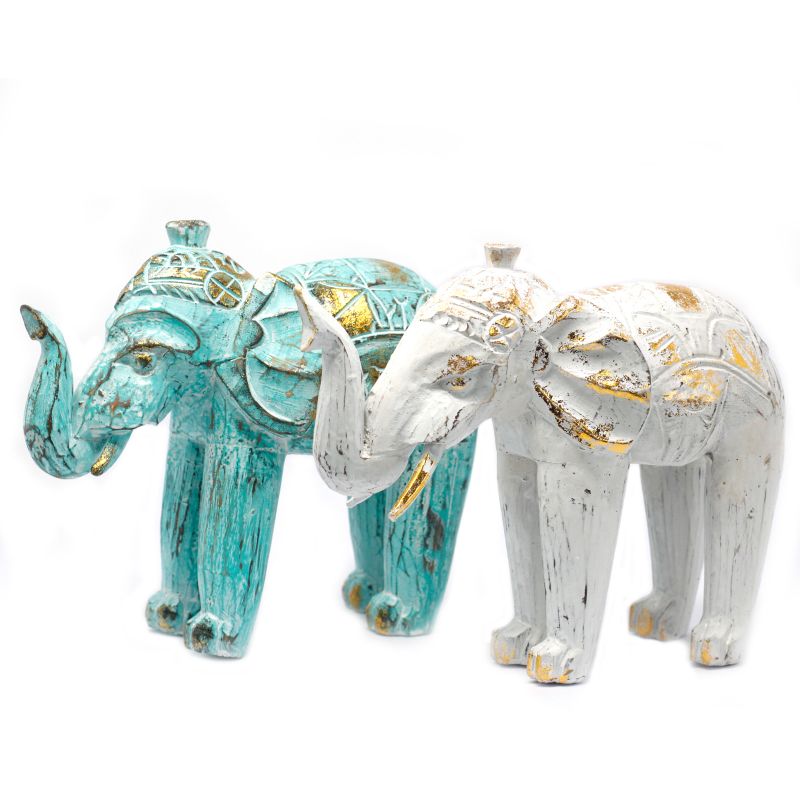 Éléphant en bois sculpté  - Turquoise / Or