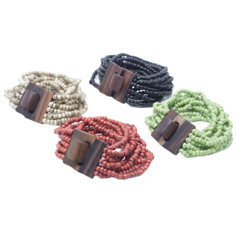 Fermoir Jonc Multi-Perles en Bois - Asst Colors