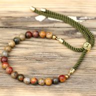 Bracelet en Gemme plaqué or 18K - Cordon Vert Mousse - Jaspe Picasso