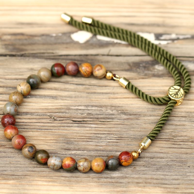 Bracelet en Gemme plaqué or 18K - Cordon Vert Mousse - Jaspe Picasso