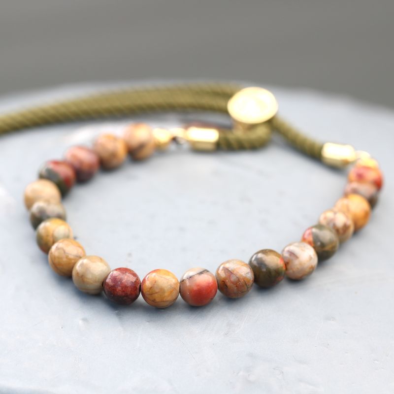 Bracelet en Gemme plaqué or 18K - Cordon Vert Mousse - Jaspe Picasso