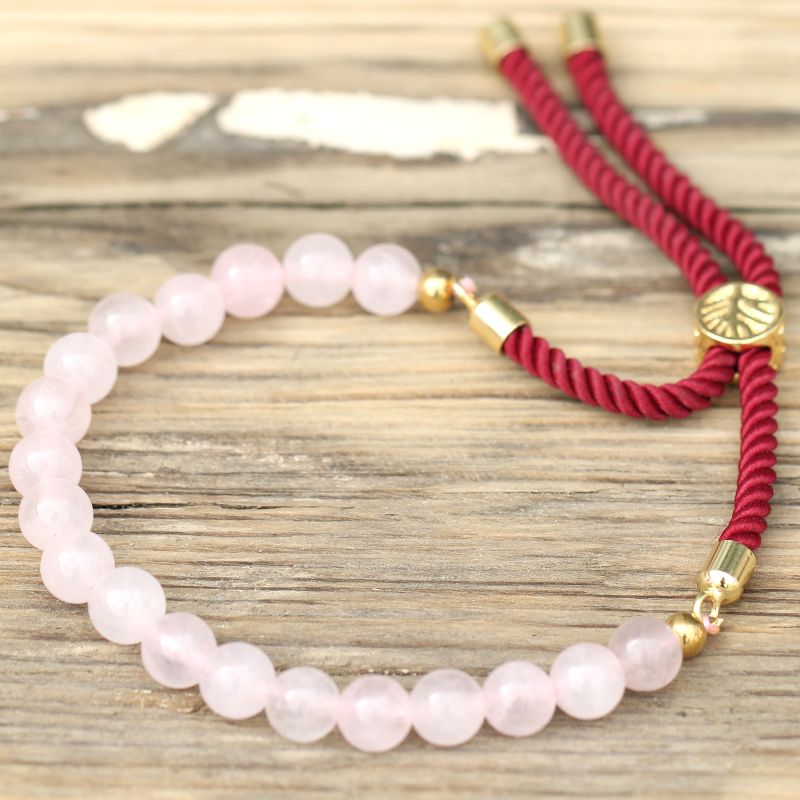 Bracelet en Gemme plaqué or 18K - Cordon Bordeaux - Quartz Rose