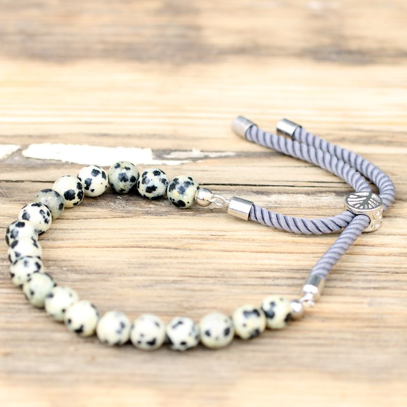 Bracelet en Gemme plaqué argent 925 - Cordon Gris - Jaspe Dalmatien