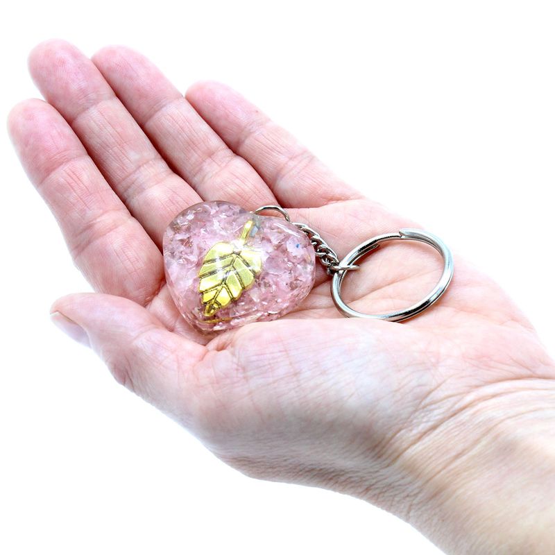Porte-Clés Orgonite - Quartz Rose Coeur & Feuille dorée