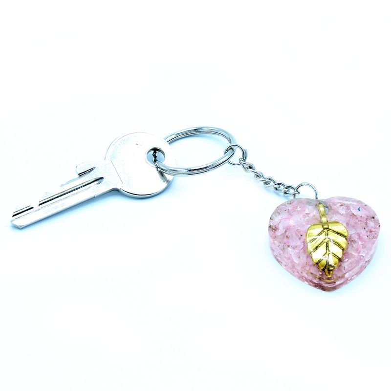 Porte-Clés Orgonite - Quartz Rose Coeur & Feuille dorée