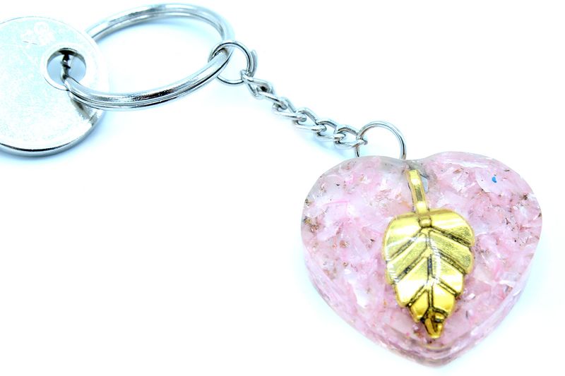 Porte-Clés Orgonite - Quartz Rose Coeur & Feuille dorée