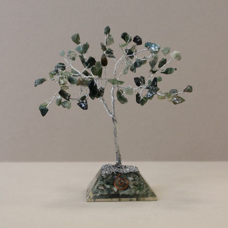 Arbre à Pierres Précieuses avec Base en Orgonite - 80 Pierres - Agate mousse