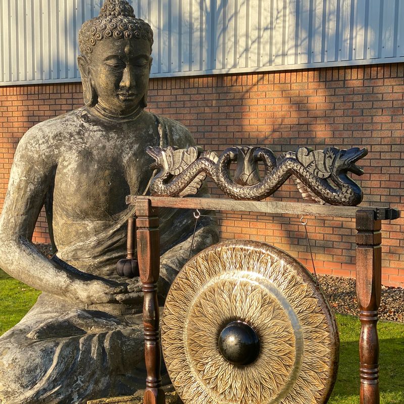Grand Gong de Méditation à Motif avec Support Antique Marron - 80cm - Noir
