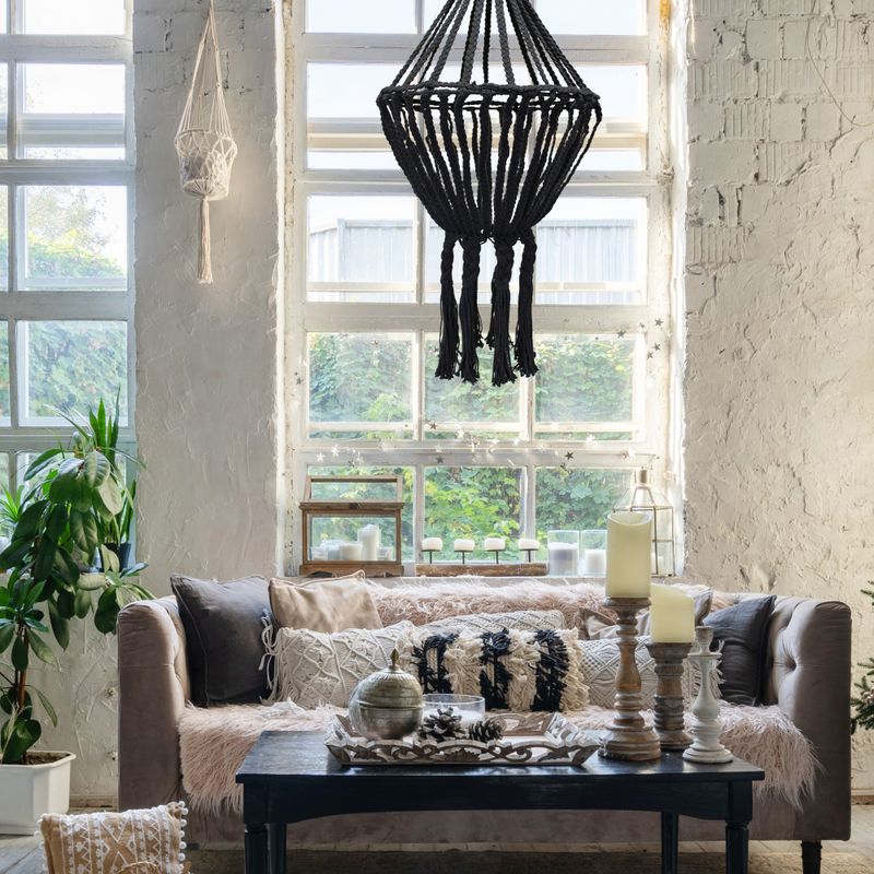 Grand Lustre Pendant en Macramé - Noir
