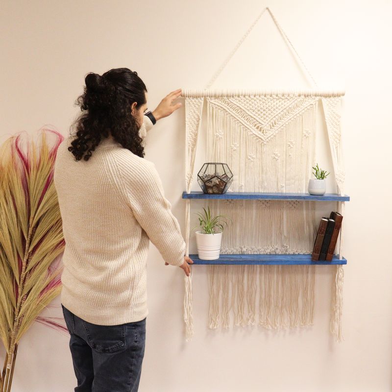 Étagères Suspendues en Macramé Naturel - Bleu