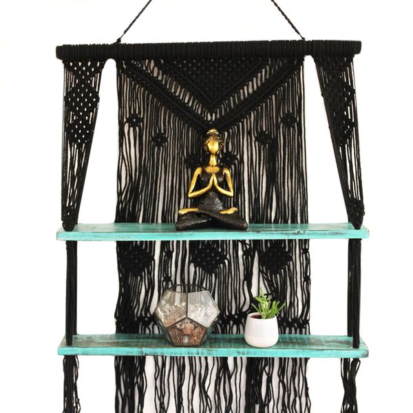 Étagères Suspendues en Macramé Noir - Turquoise