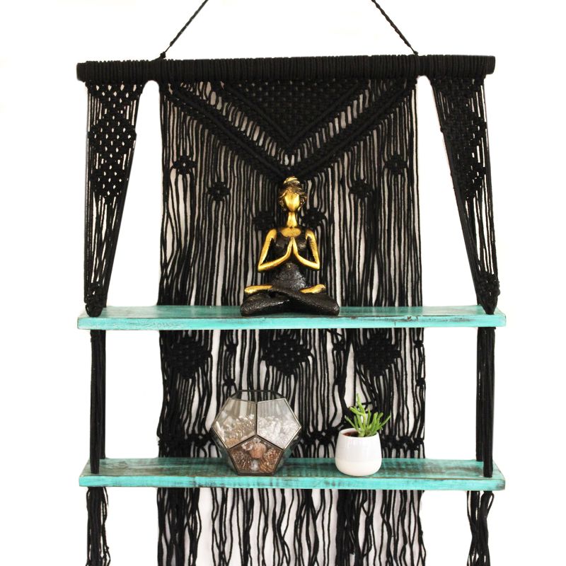 Étagères Suspendues en Macramé Noir - Turquoise
