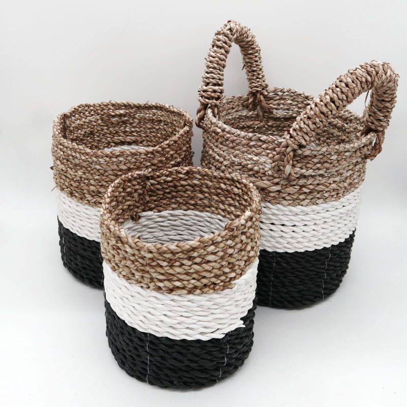 Ensemble de Paniers en Jonc de Mer - Gris Foncé / Blanc / Naturel
