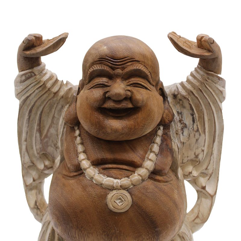Bouddha Heureux Bras Haut - Blanc Délavé - 40cm
