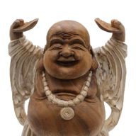 Bouddha Heureux Bras Haut - Blanc Délavé - 40cm