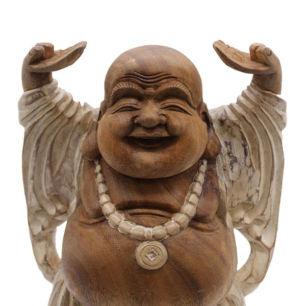 Bouddha Heureux Bras Haut - Blanc Délavé - 40cm