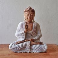 Statue de Bouddha Blanc Délavé - Transmission des Enseignements - 30cm