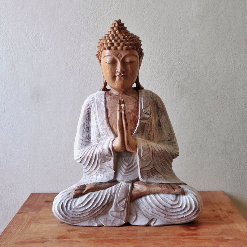 Statue de Bouddha Blanc Délavé - Bienvenue - 40cm