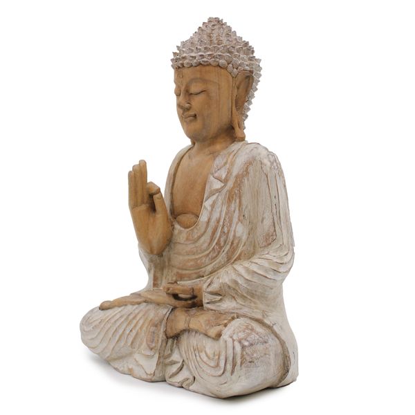 Statue de Bouddha Blanc Délavé - Transmission des Enseignements - 40cm