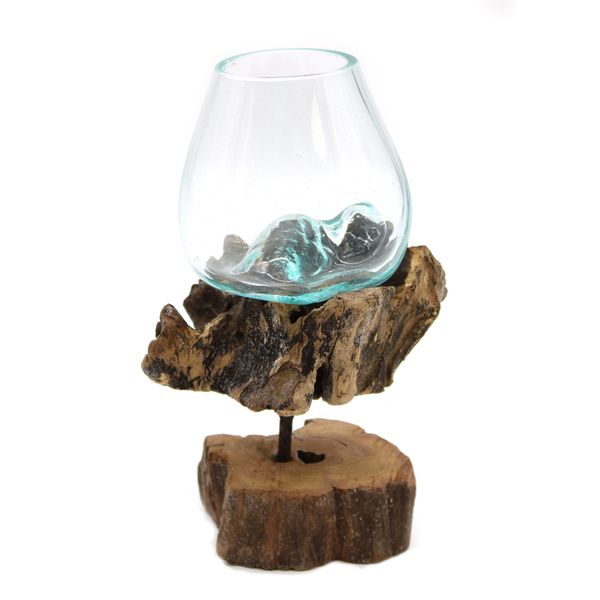 Verre Soufflé sur Bois avec Support à Pied - Bol Moyen