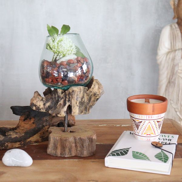 Verre Soufflé sur Bois avec Support à Pied - Bol Moyen