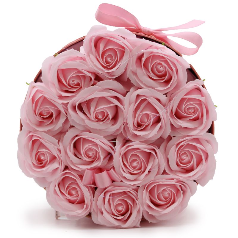 Coffret Cadeau de Fleurs de Savon - 14 Roses Roses - Rond