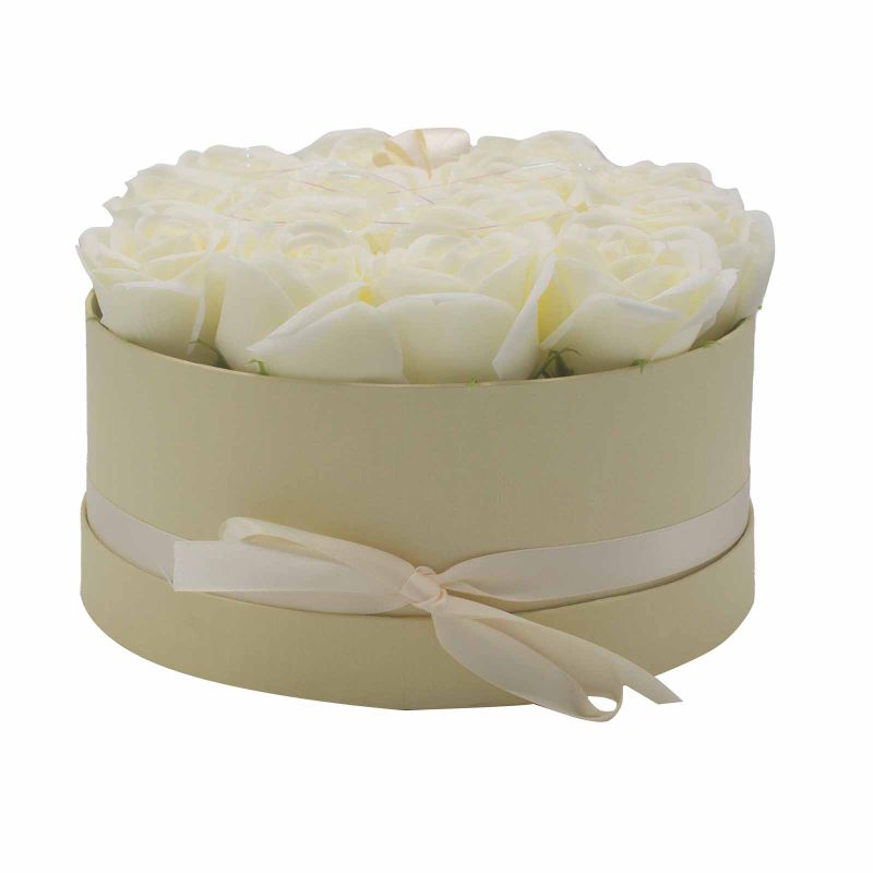 Coffret Cadeau de Fleurs de Savon - 14 Roses Crème - Rond