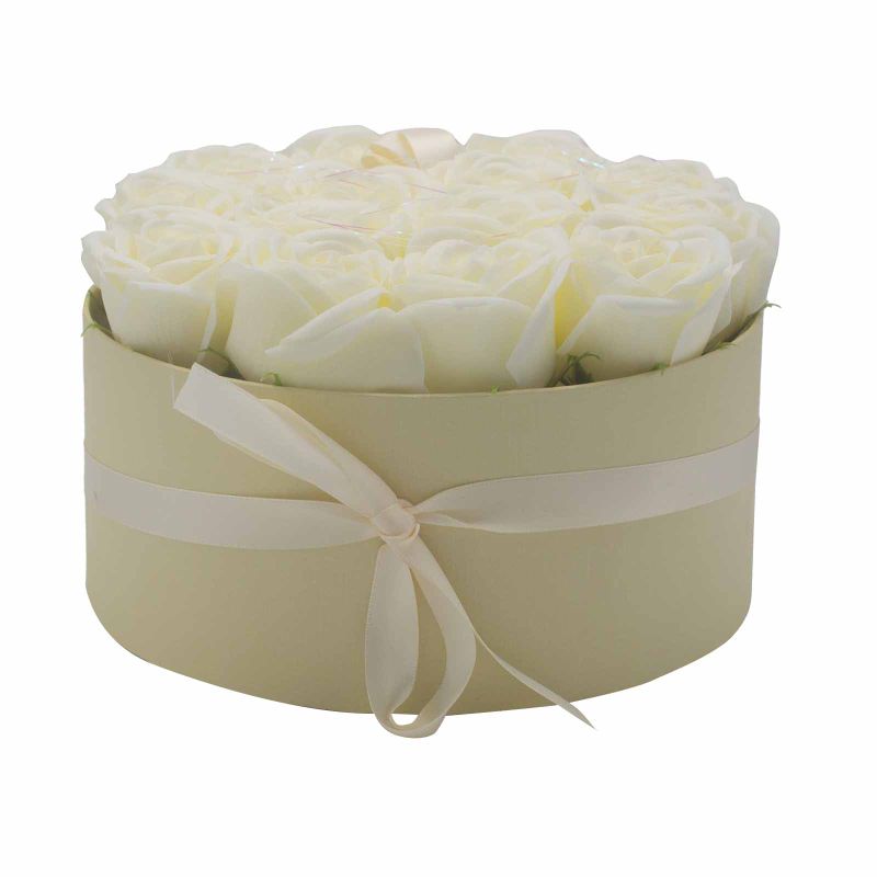 Coffret Cadeau de Fleurs de Savon - 14 Roses Crème - Rond