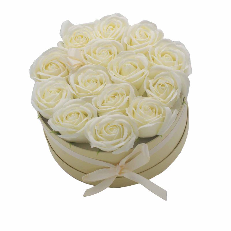 Coffret Cadeau de Fleurs de Savon - 14 Roses Crème - Rond