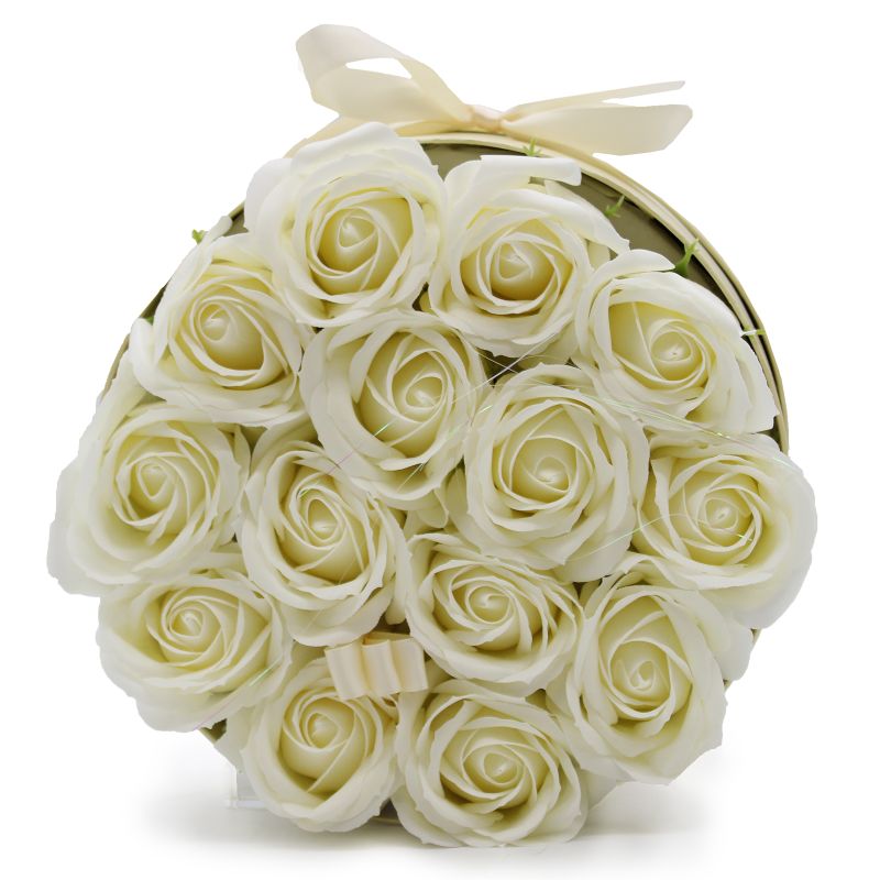 Coffret Cadeau de Fleurs de Savon - 14 Roses Crème - Rond
