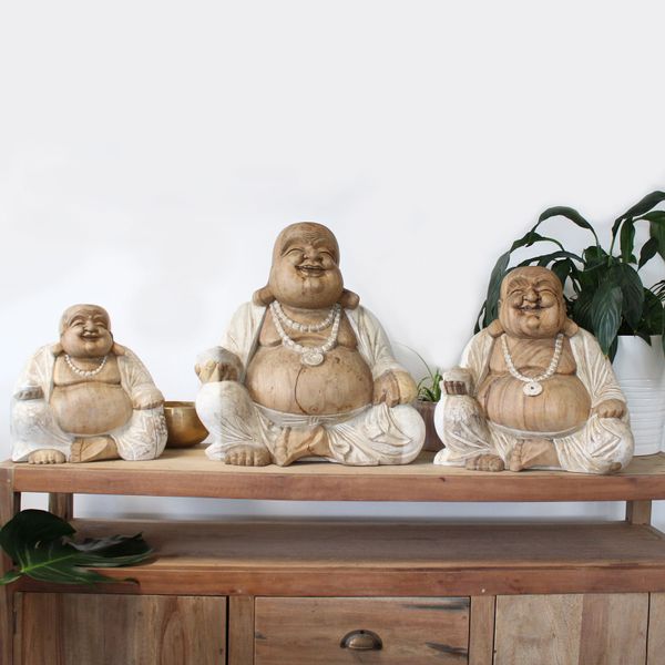 Bouddha Heureux - Blanc Délavé - 30cm