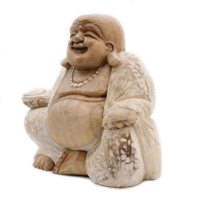 Bouddha Heureux - Blanc Délavé - 30cm