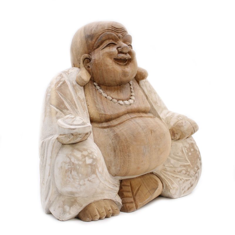 Bouddha Heureux - Blanc Délavé - 30cm