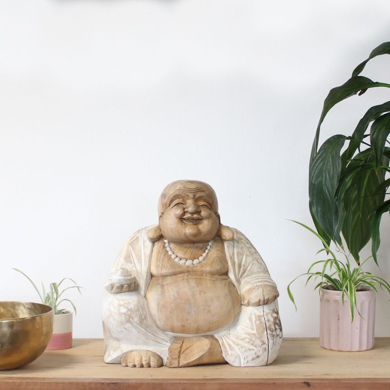 Bouddha Heureux - Blanc Délavé - 30cm