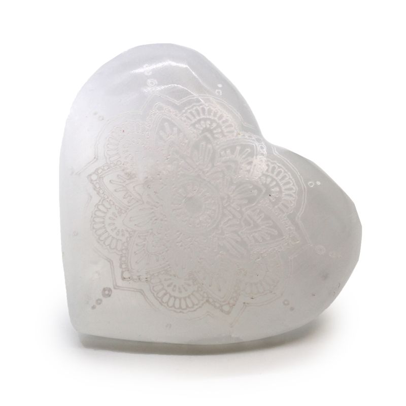Coeur de Sélénite - 7-8cm - Mandala Gravé