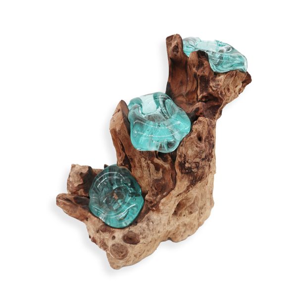Porte-Bougie Triple en Verre Soufflé sur Bois