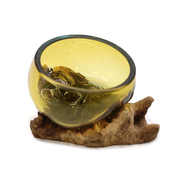 Mini Bol Ambré en Verre Soufflé sur Bois