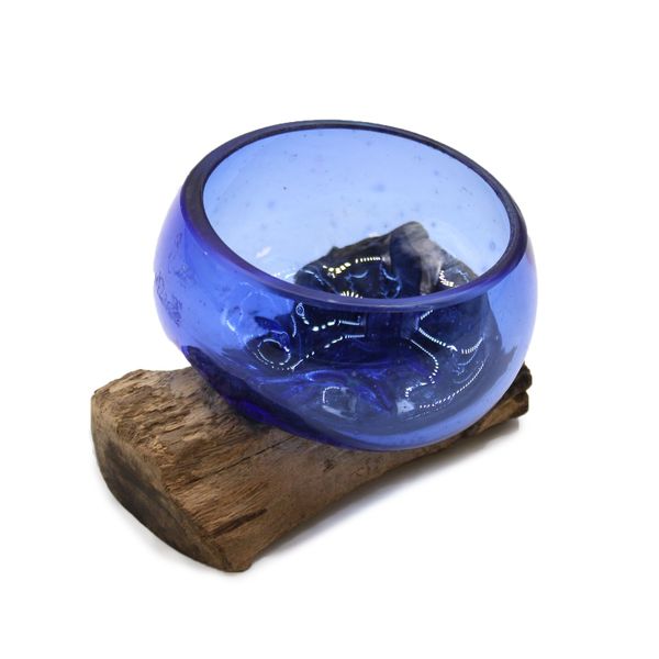 Mini Bol Bleu en Verre Soufflé sur Bois